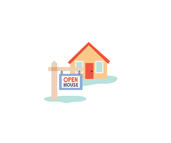 Illustration of a house with an 'Open House' sign.