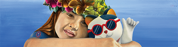 A colorful mural depicts a person resting beside a stylized cat wearing red sunglasses, with large tropical flowers and ocean-inspired imagery in the background. The artwork features vibrant Hawaiian-themed colors and a playful beach-inspired design.