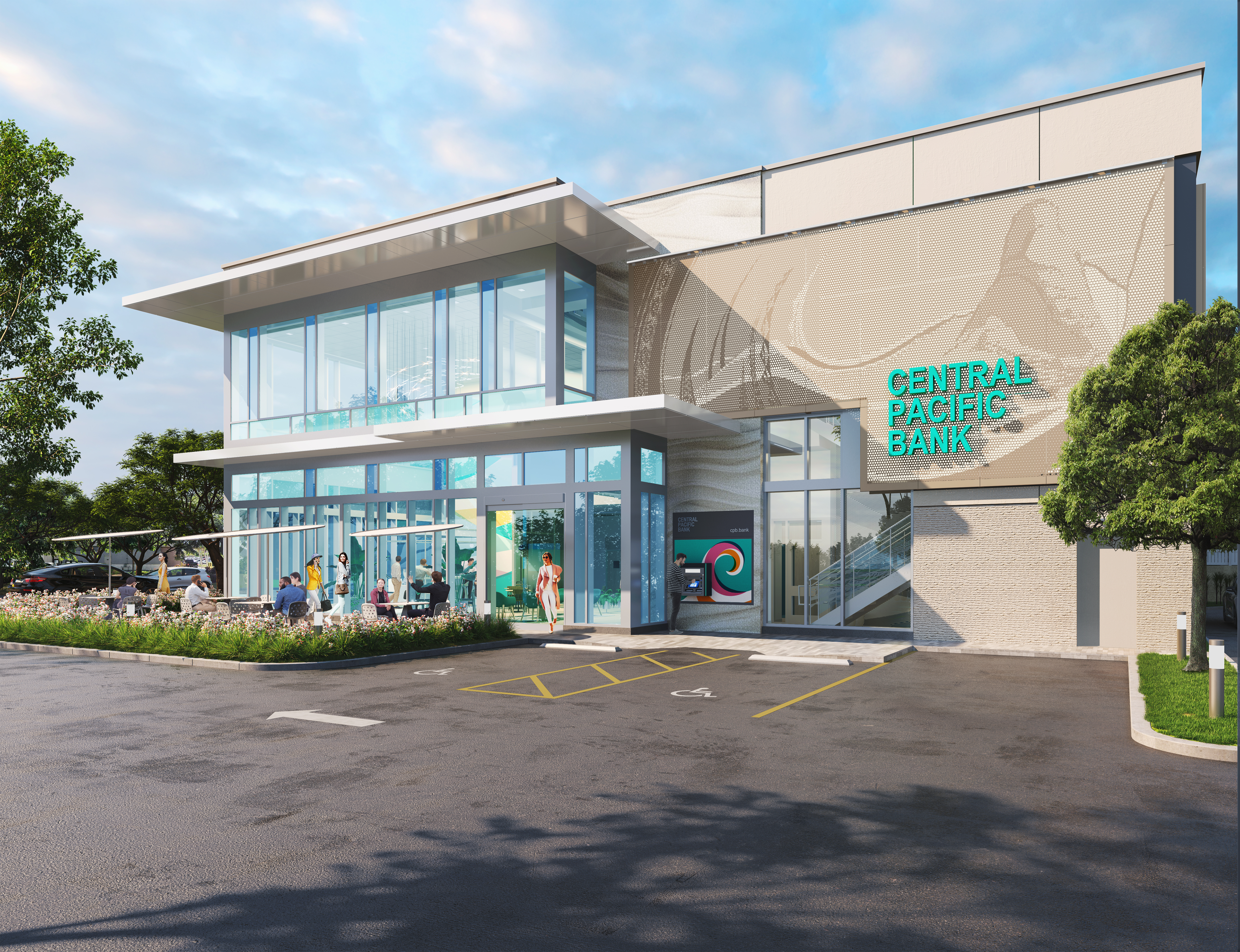A rendering of a modern Central Pacific Bank branch featuring a glass-fronted two-story design, outdoor seating area, landscaped grounds, and prominent bank signage. The contemporary building includes large windows, an exterior ATM, and a decorative façade surrounded by trees and a parking area.