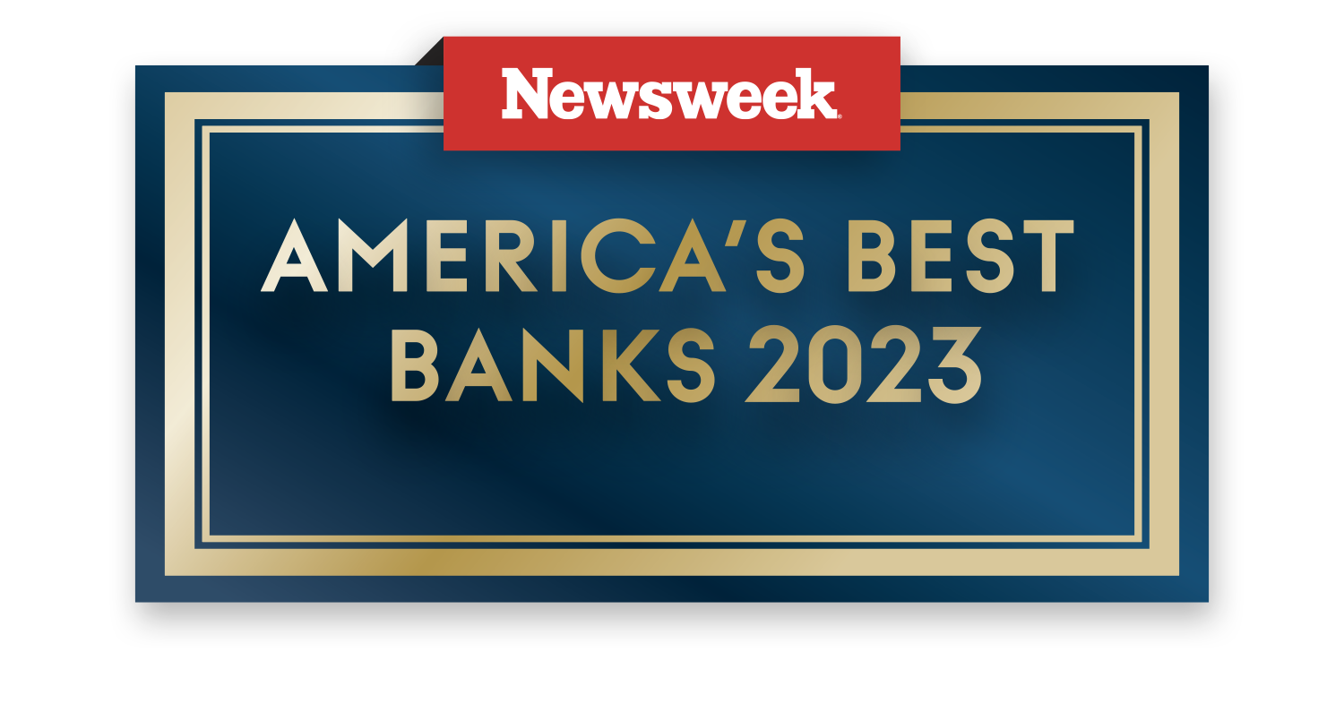The Newsweek America’s Best Banks 2023 award badge features gold lettering on a blue plaque-style background, with the red Newsweek logo displayed prominently at the top.