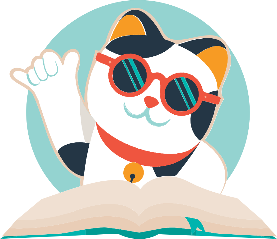 Illustration of the CPB shaka cat wearing sunglasses and making a shaka hand gesture while reading an open book.