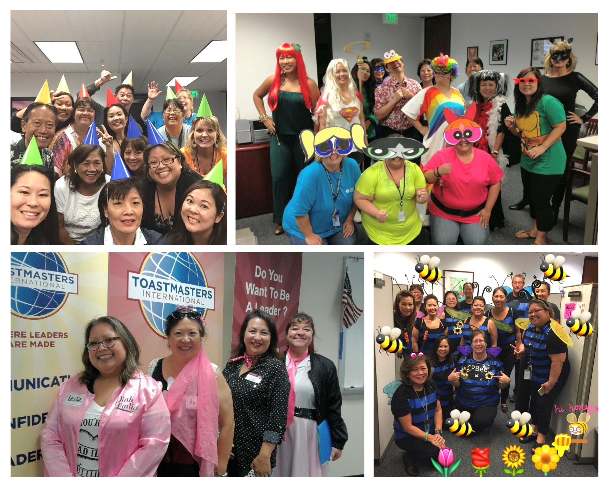 A collage of workplace team photos shows employees participating in themed office events and group activities. Team members wear party hats, costumes, and coordinated outfits, including a bee-themed group costume, while posing together in office and meeting-room settings.