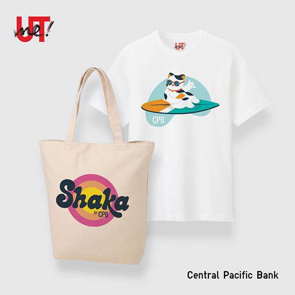 A promotional image displays a white T-shirt and canvas tote bag featuring custom Central Pacific Bank-branded designs. The tote bag includes a colorful “Shaka by CPB” logo, while the T-shirt features a cartoon mascot wearing sunglasses and sitting on a surfboard.