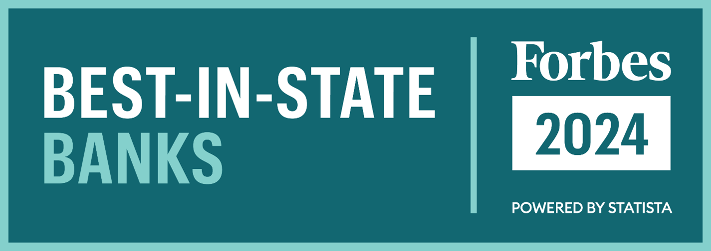The Forbes Best-In-State Banks 2024 award badge features bold white and teal text on a dark teal background, with the Forbes logo and "Powered by Statista" displayed on the right.
