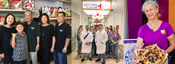 A collage of three community-focused photos showing local residents, healthcare professionals, and a baker posing in their workplaces and organizations. The images highlight community partnerships and support for local businesses and services.