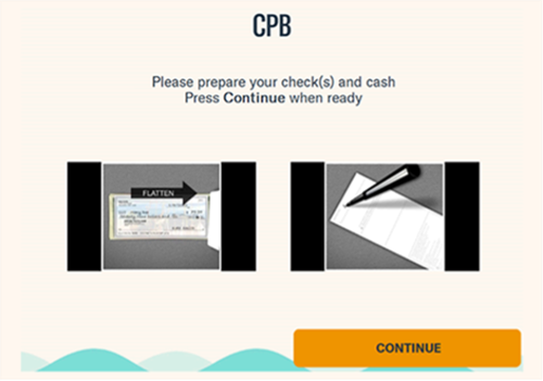 A CPB ATM screen instructs users to prepare checks and cash before making a deposit. The screen includes illustrations showing how to flatten checks and remove folds, along with a “Continue” button at the bottom.