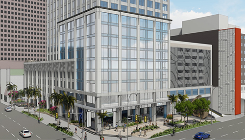 A rendering of a modern mid-rise office building with a glass façade at a downtown street corner, featuring ground-level retail space, pedestrian walkways, palm trees, and surrounding city buildings.