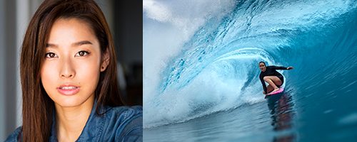 A split-image graphic featuring a professional headshot on the left and a surfer riding inside a large ocean wave on the right. The image highlights both a portrait and an action surfing scene in a coastal setting.