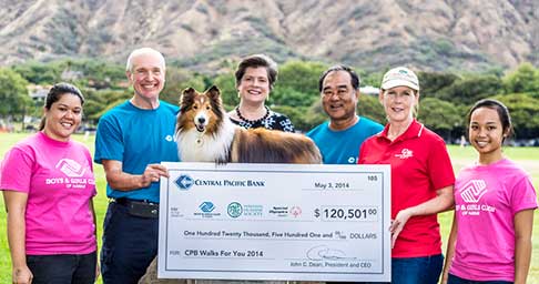 Six people stand outdoors with a Collie dog and a large Central Pacific Bank donation check, posing in front of a grassy field with mountains in the background.