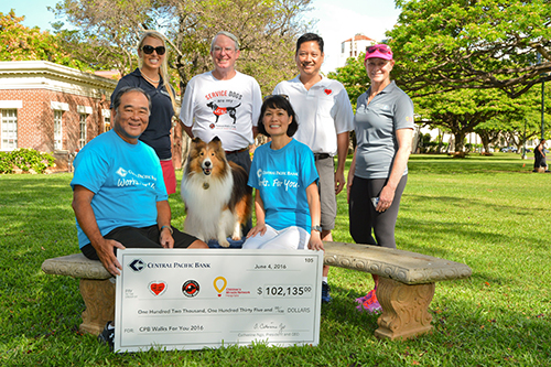 A group of people pose outdoors in a park with a Collie dog and a large Central Pacific Bank donation check, standing and sitting near a stone bench surrounded by trees and grass.