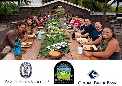 A group of community members sit together at a long outdoor dining table covered with locally grown food, gathering for a shared meal in a garden setting. Logos for Kamehameha Schools, MAʻO Organic Farms, and Central Pacific Bank appear along the bottom of the image.