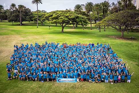 A large group of volunteers wearing matching blue shirts gather on a grassy park lawn for a group photo, with palm trees and other greenery in the background. A Central Pacific Bank banner is displayed at the front of the group.