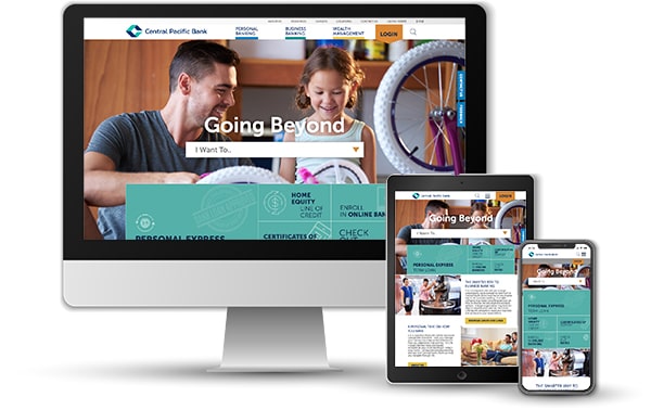A display of the Central Pacific Bank website shown on a desktop monitor, tablet, and smartphone, highlighting the bank’s responsive online banking experience across multiple devices.