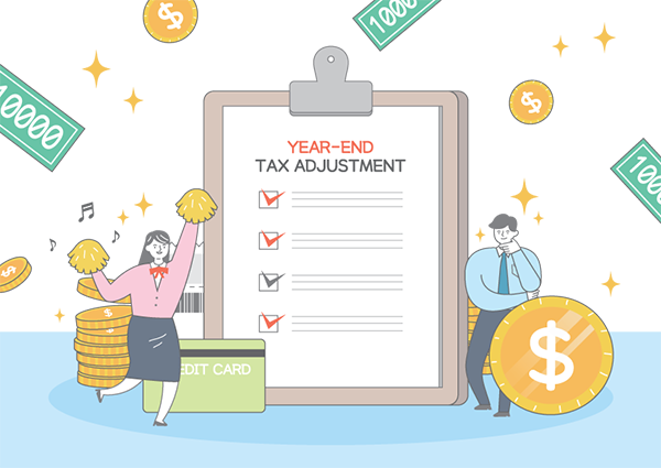 An illustration about year-end tax planning featuring a checklist labeled “Year-End Tax Adjustment,” surrounded by money, coins, a credit card, and two people reviewing financial items. The graphic uses financial symbols to represent tax preparation and personal finance management.