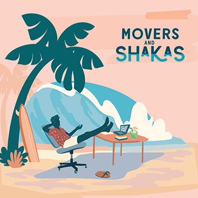 An illustrated beach-themed graphic titled “Movers and Shakas,” showing a person relaxing in an office chair on the sand beside a surfboard, with a laptop on a table, a large ocean wave, and palm trees in the background.