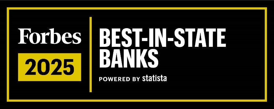 Forbes 2025 Best-In-State Banks award graphic featuring white and yellow text on a black background, with the words “Best-In-State Banks” and “Powered by Statista” displayed inside a yellow border.