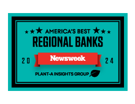 The Newsweek America’s Best Regional Banks 2024 award badge featuring teal, black, and red colors, with the Newsweek logo and Plant-A Insights Group branding displayed below.