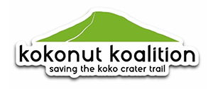 The Kokonut Koalition logo featuring a stylized green silhouette of Koko Crater above the words “kokonut koalition” and the tagline “saving the koko crater trail.”