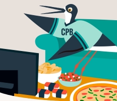 An illustrated bird wearing a shirt labeled “CPB” sits on a couch watching TV while surrounded by snacks, including chips, salad, and pizza. The colorful cartoon-style graphic depicts a relaxed at-home entertainment scene.