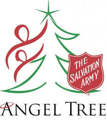 The Salvation Army Angel Tree logo featuring a stylized green Christmas tree, a red angel figure, The Salvation Army shield, and the words “Angel Tree” below.