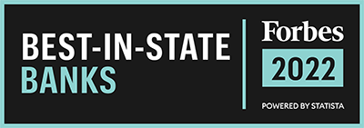 A badge graphic announcing Forbes Best-In-State Banks 2022, featuring bold white and teal text on a black background, with the Forbes logo and “Powered by Statista” displayed on the right.