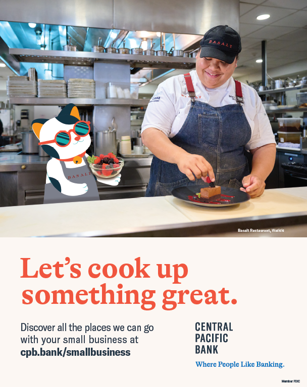 A Central Pacific Bank advertisement features a chef plating a dessert in a commercial kitchen while a cartoon cat in sunglasses holds a bowl of berries nearby. The ad includes the message “Let’s cook up something great.” and promotes small business banking services.