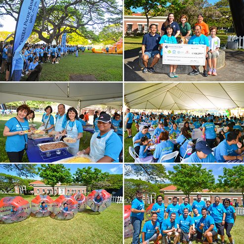 collage of photos from a community volunteer event, showing participants gathering outdoors, serving food, receiving a donation check, enjoying activities, and posing for group photos in a park setting.