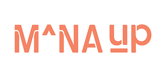 The Mana Up logo displayed in coral-colored lettering on a light background, featuring a stylized design that incorporates an upward arrow into the wordmark.