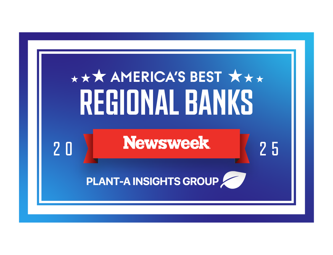 The Newsweek America’s Best Regional Banks 2025 award badge features white text on a blue gradient background with a red Newsweek banner across the center. The badge also includes the Plant-A Insights Group logo and branding.