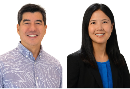 Two professional headshots displayed side by side against a light gray background. One person is wearing a light purple aloha shirt with a leaf pattern, while the other is wearing a black blazer over a bright blue blouse.